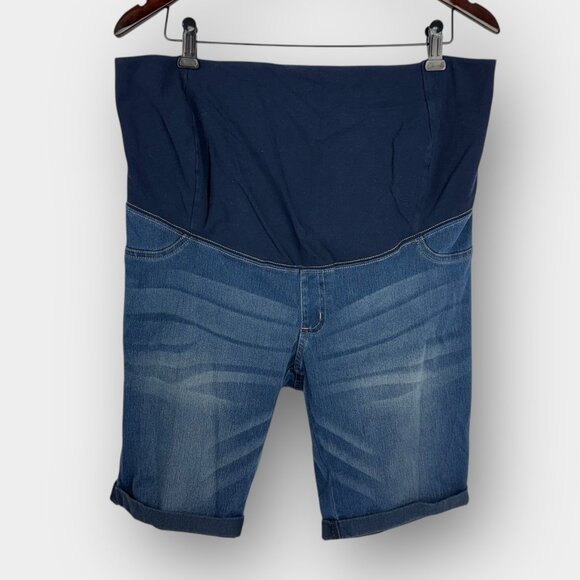 Paisley Sky Maternity Denim Shorts XL Full Panel Blue Stretch Bermuda High Rise - Picture 1 of 7